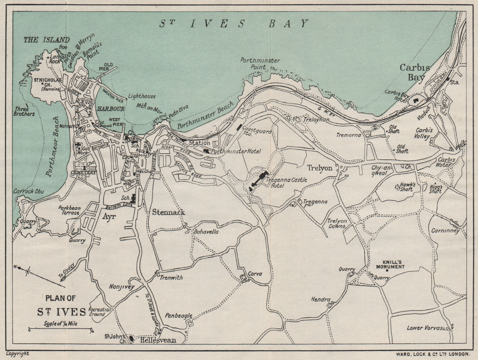 ST. IVES vintage town/city plan. Cornwall. WARD LOCK 1930 old vintage map